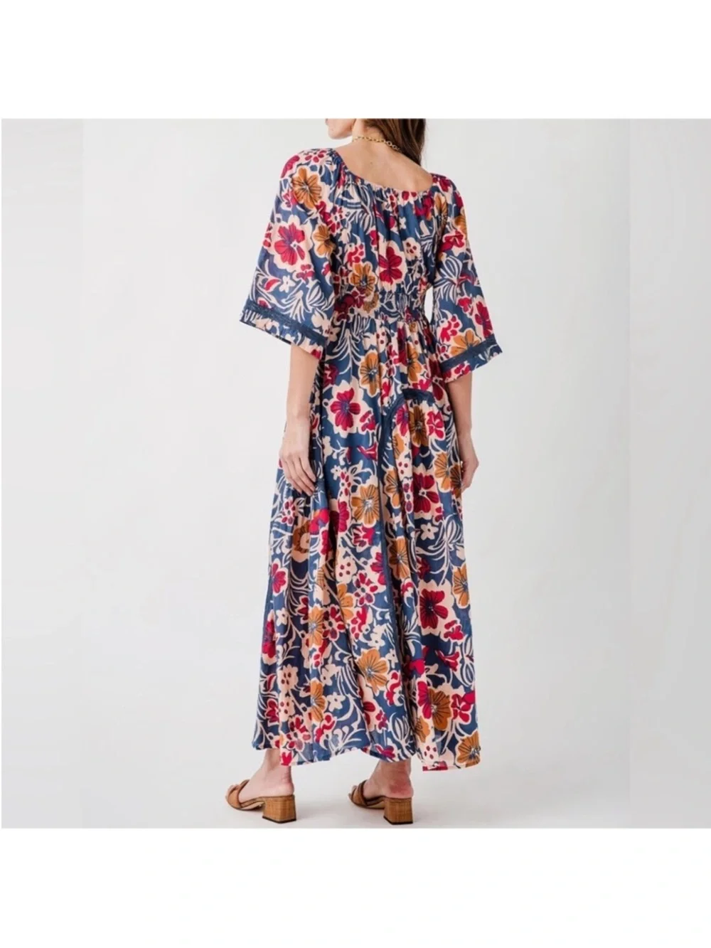Free People Navy Floral Maxi Dress with Red & Mustard Blooms - Picture 2 of 4